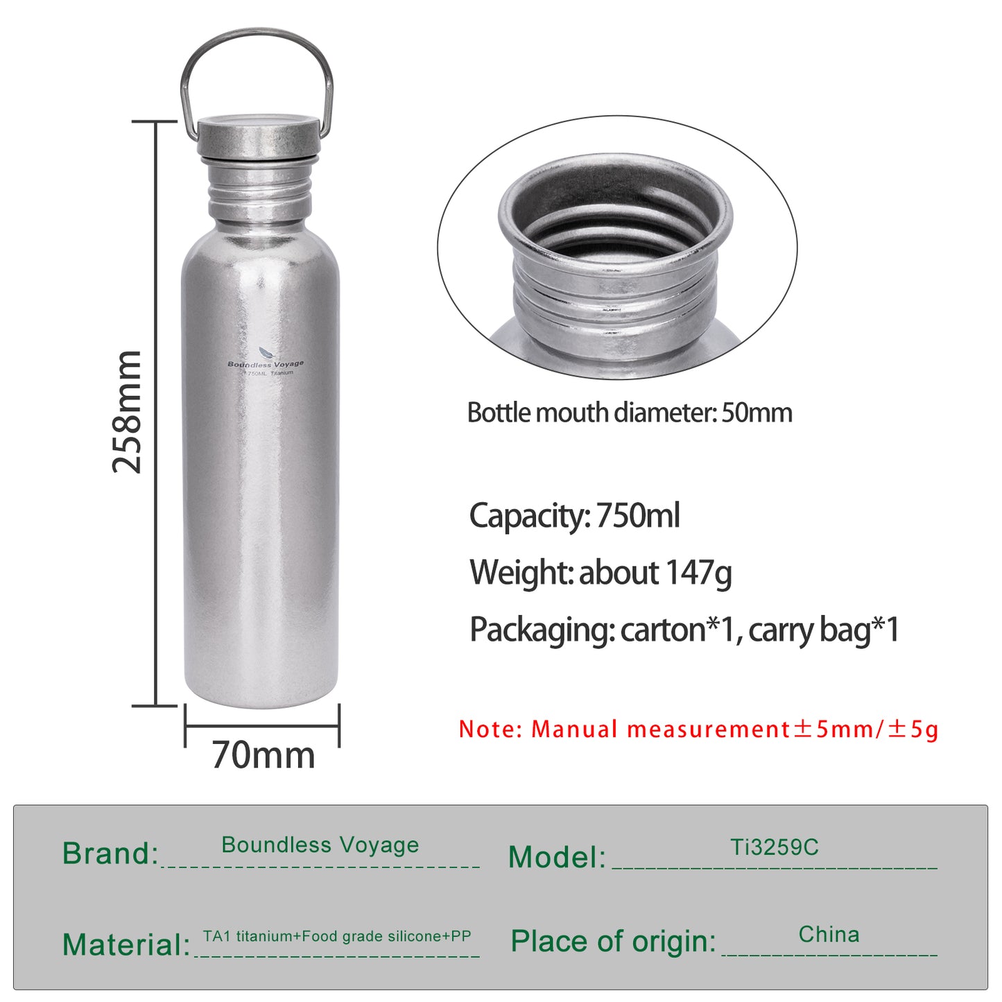 Boundless Voyage Titanium Water Bottle 750ml with Secure Lid, Leak-Proof Reusable Sport Drinking Vessel, Lightweight Outdoor Bottle for Camping, Hiking, Climbing, Running, Tea & Coffee Ti3259C