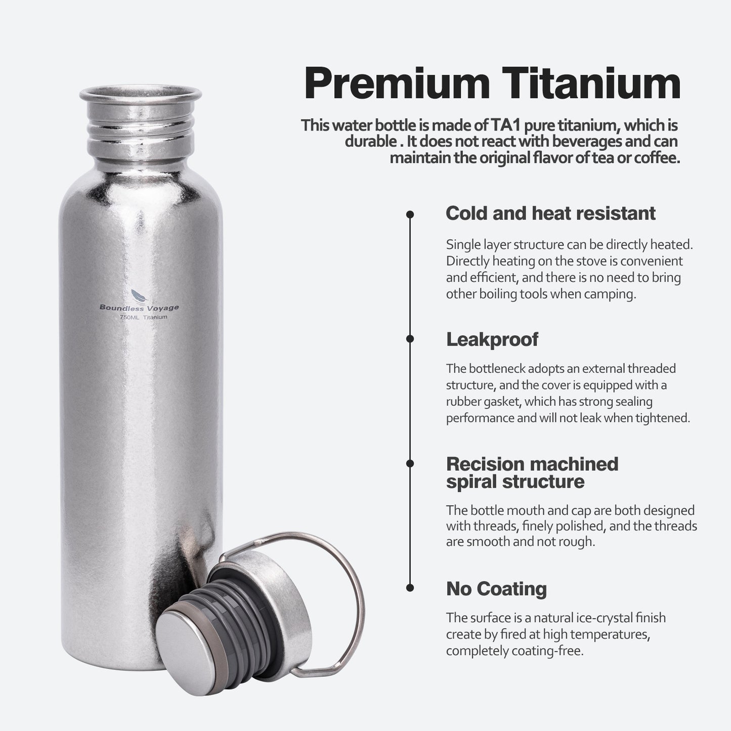 Boundless Voyage Titanium Water Bottle 750ml with Secure Lid, Leak-Proof Reusable Sport Drinking Vessel, Lightweight Outdoor Bottle for Camping, Hiking, Climbing, Running, Tea & Coffee Ti3259C