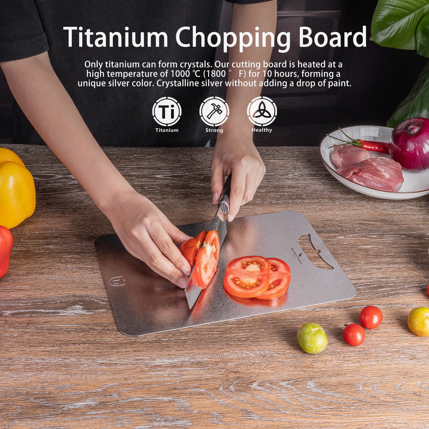Boundless Voyage Titanium Cutting Board 1.5mm Crystalline, Dual-Side Hanging Hole for Kitchen Camping Ti5006P-Ti5008P