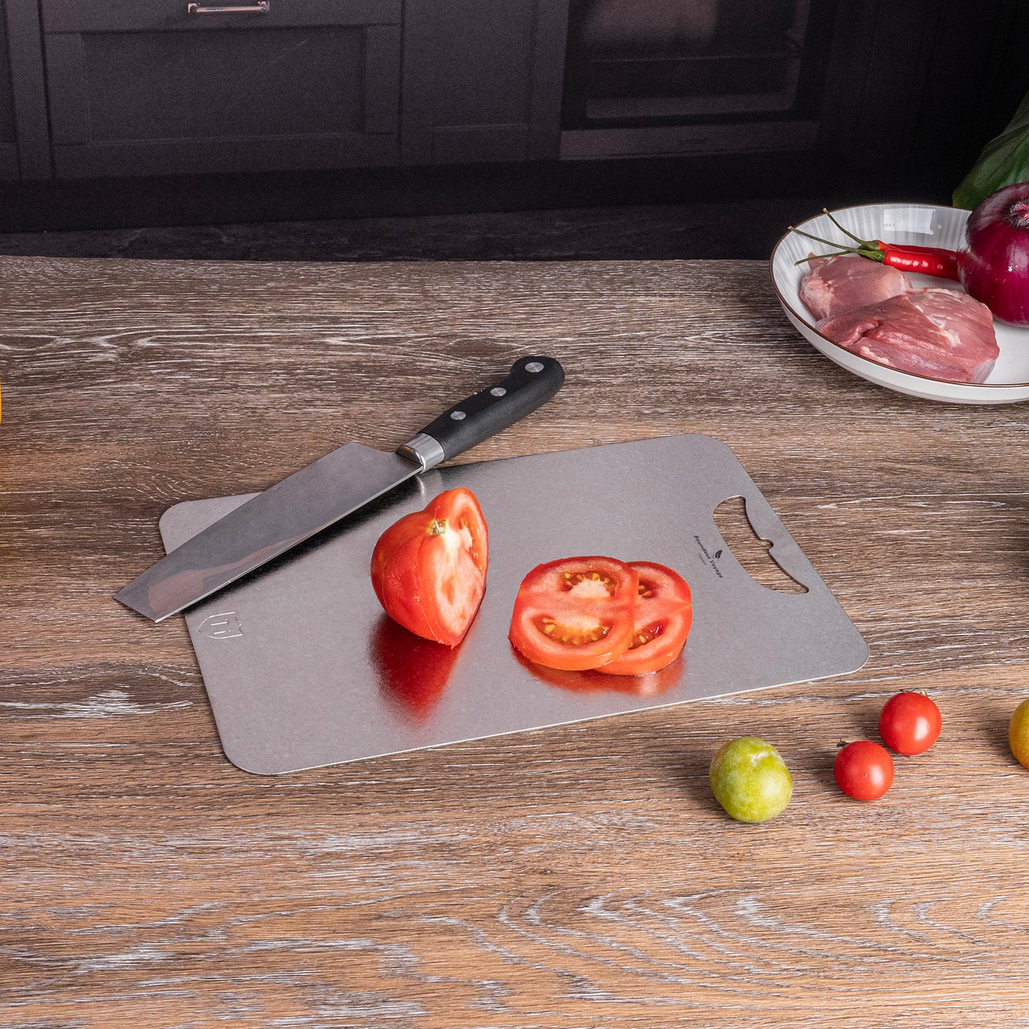 Boundless Voyage Titanium Cutting Board 1.5mm Crystalline, Dual-Side Hanging Hole for Kitchen Camping Ti5006P-Ti5008P