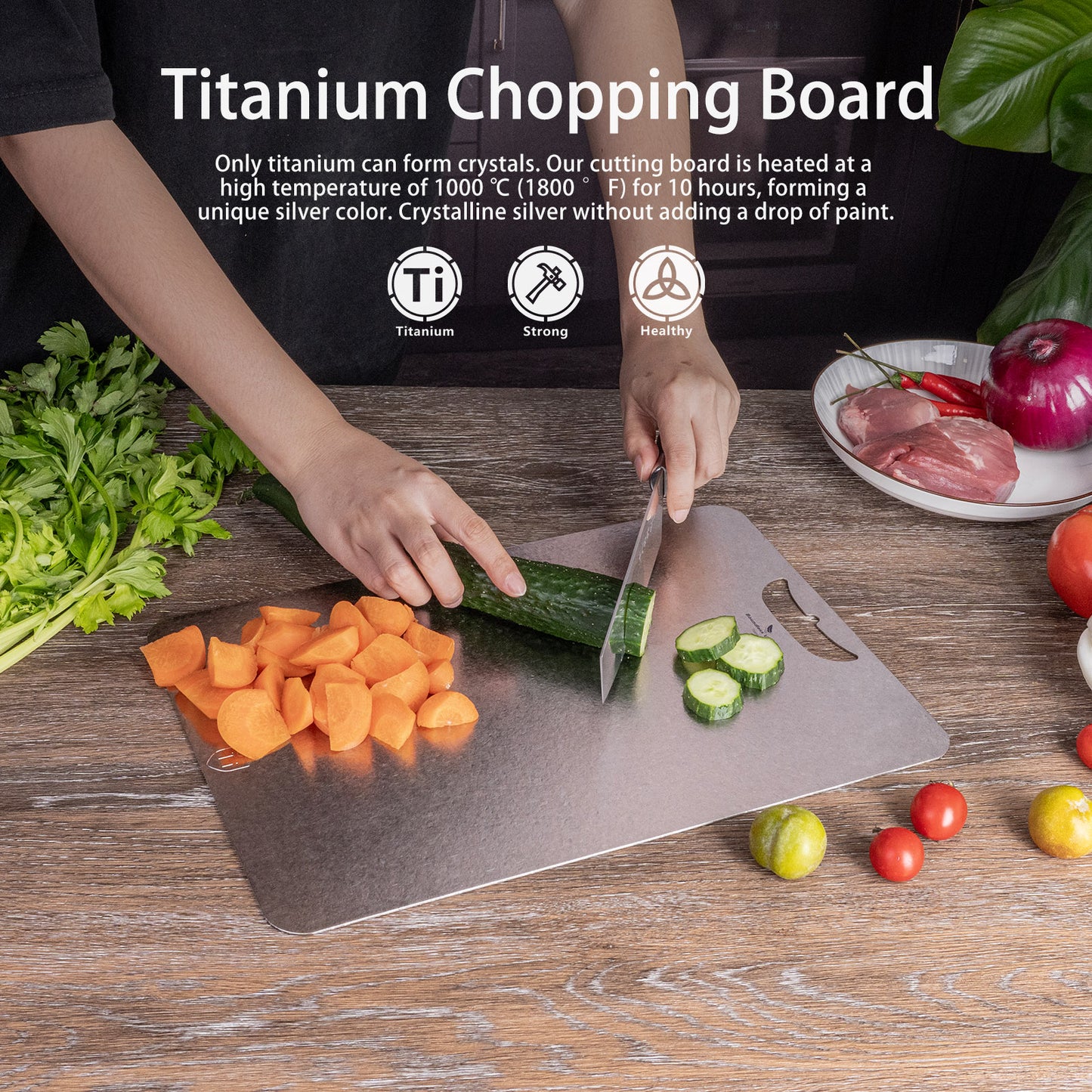 Boundless Voyage Titanium Cutting Board 1.5mm Crystalline, Dual-Side Hanging Hole for Kitchen Camping Ti5006P-Ti5008P