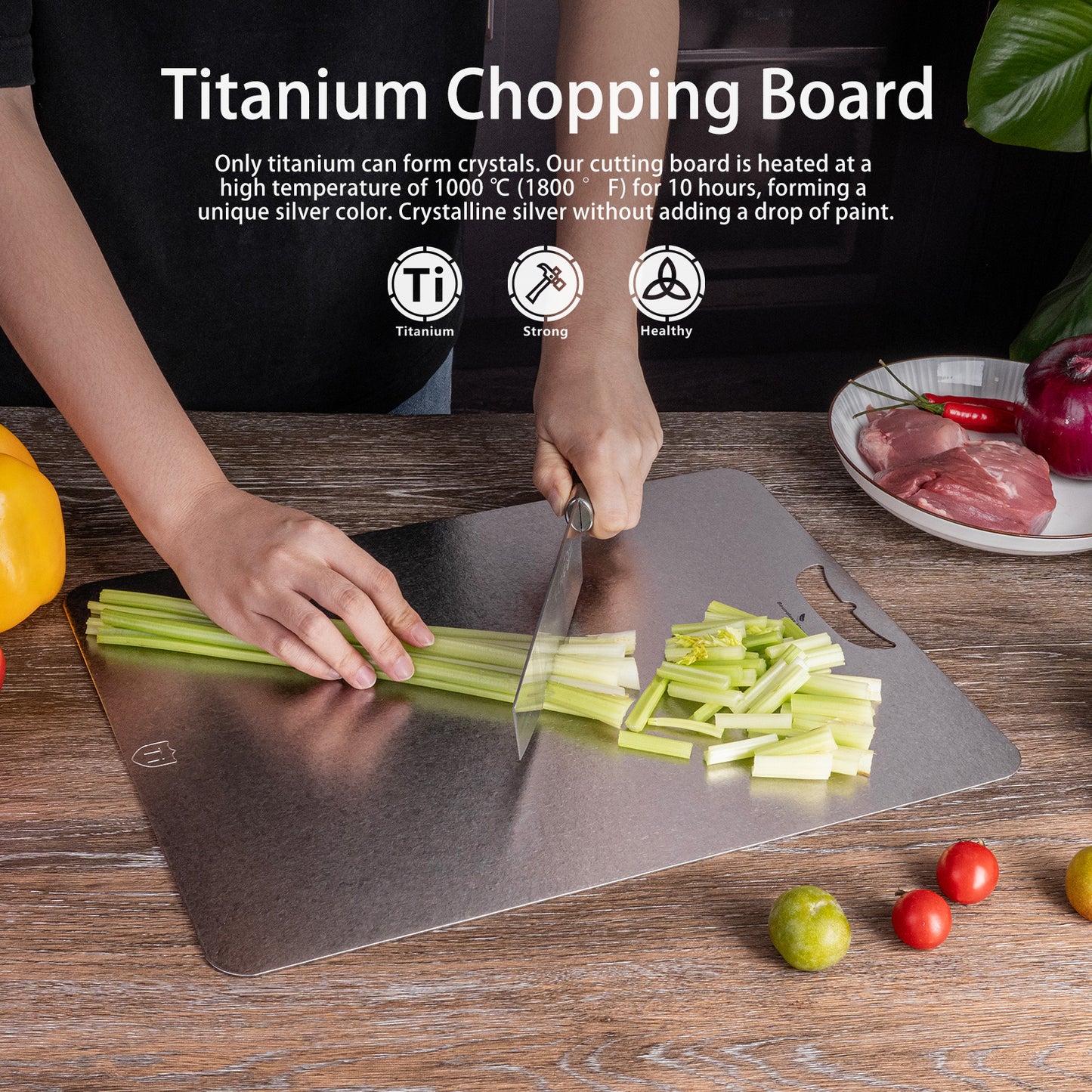 Boundless Voyage Titanium Cutting Board 1.5mm Crystalline, Dual-Side Hanging Hole for Kitchen Camping Ti5006P-Ti5008P