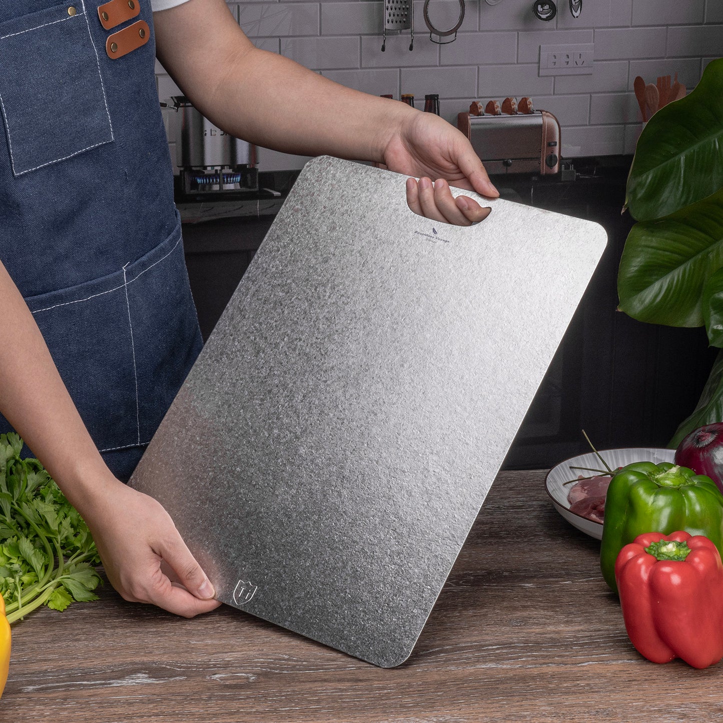 Boundless Voyage Titanium Cutting Board 1.5mm Crystalline, Dual-Side Hanging Hole for Kitchen Camping Ti5006P-Ti5008P