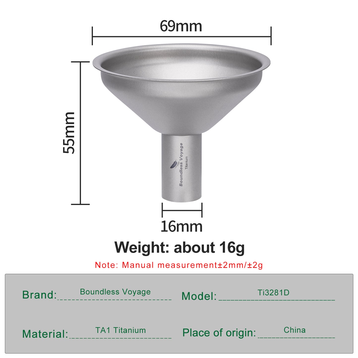 Boundless Voyage Titanium Funnel for Kitchen，Bar, Camping Lightweight Portable Durable No-Spill Metal Refilling Tool for Liquids, Oil, Wine, Soy Sauce & Spices, Corrosion-Resistant & Dishwasher Safe Ti3281D