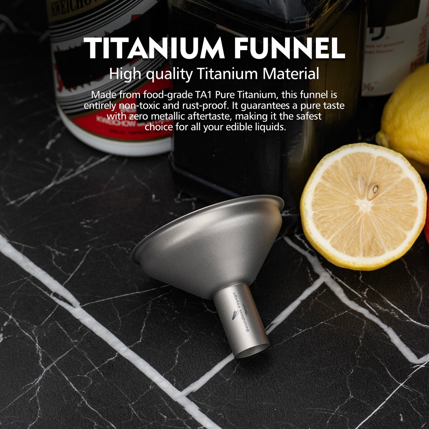Boundless Voyage Titanium Funnel for Kitchen，Bar, Camping Lightweight Portable Durable No-Spill Metal Refilling Tool for Liquids, Oil, Wine, Soy Sauce & Spices, Corrosion-Resistant & Dishwasher Safe Ti3281D