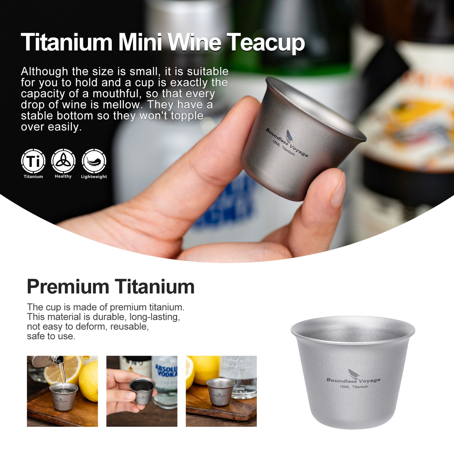 Boundless Voyage Titanium Mini Wine Teacup 15ml Portable Drinking Cup Small Tequila Whiskey Cup Outdoor Camping Drinkware Ti3069D