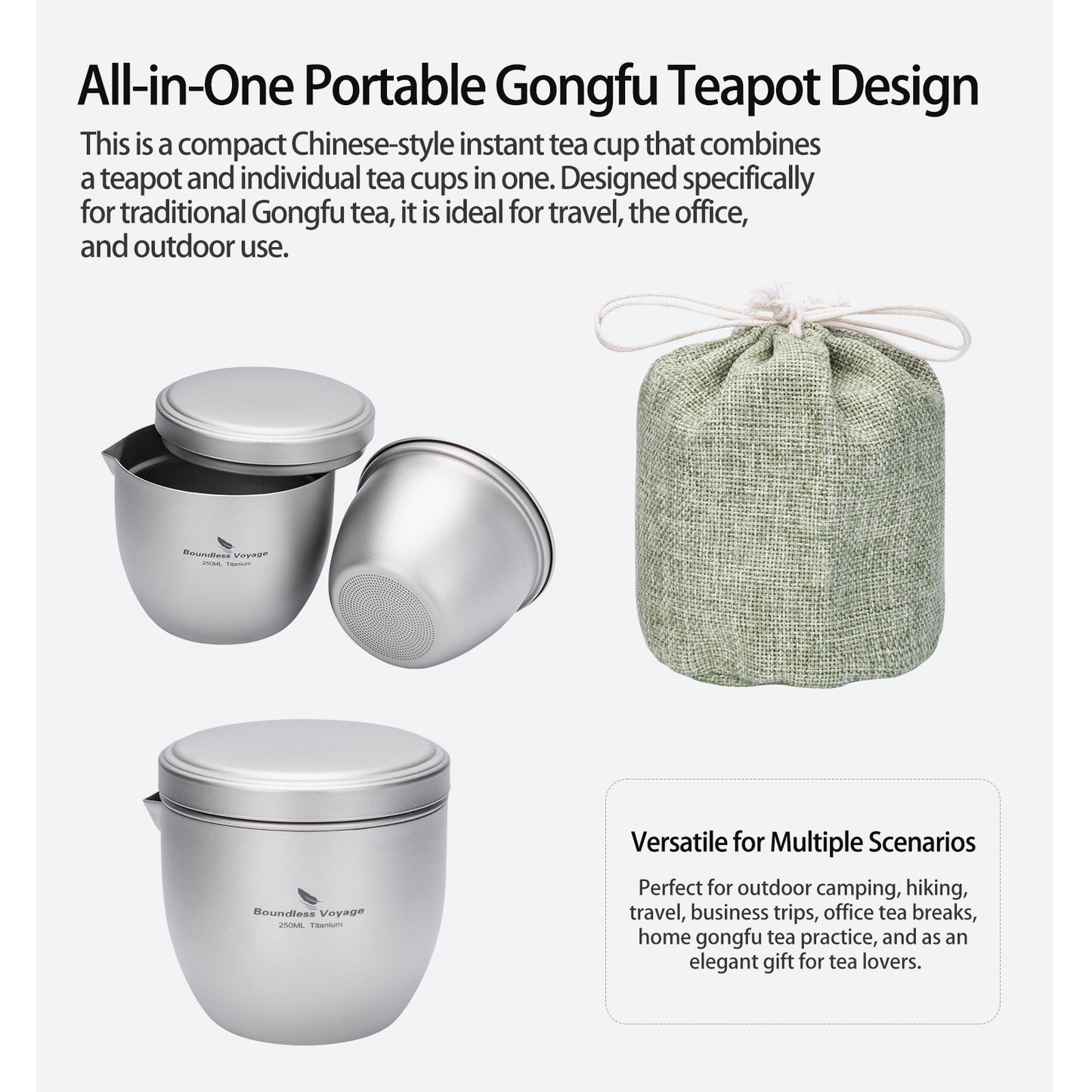 Boundless Voyage Titanium Teapot 250ml, All-in-One Quick Tea Cup for Loose Leaf, Ultralight 158g Portable Double Walled Insulated Travel Tea Maker for Home Office Camping, Anti-Scald, Non-coating Ti3134D
