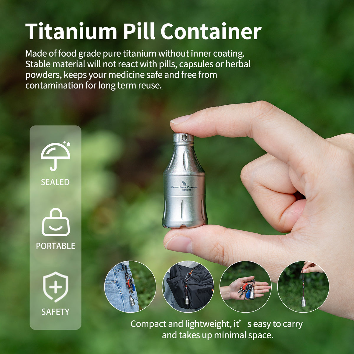 Boundless Voyage Titanium Pill Container Waterproof Keychain EDC Mini Case for Travel Camping Ti9006A