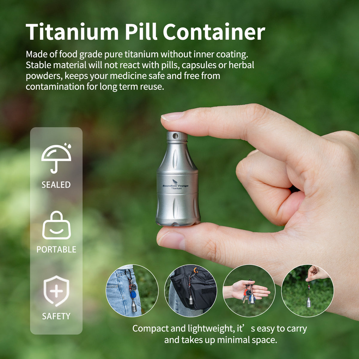 Boundless Voyage Titanium Pill Container Waterproof Keychain EDC Mini Case for Travel Camping Ti9006A