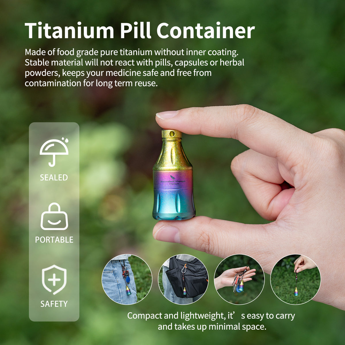 Boundless Voyage Titanium Pill Container Waterproof Keychain EDC Mini Case for Travel Camping Ti9006A