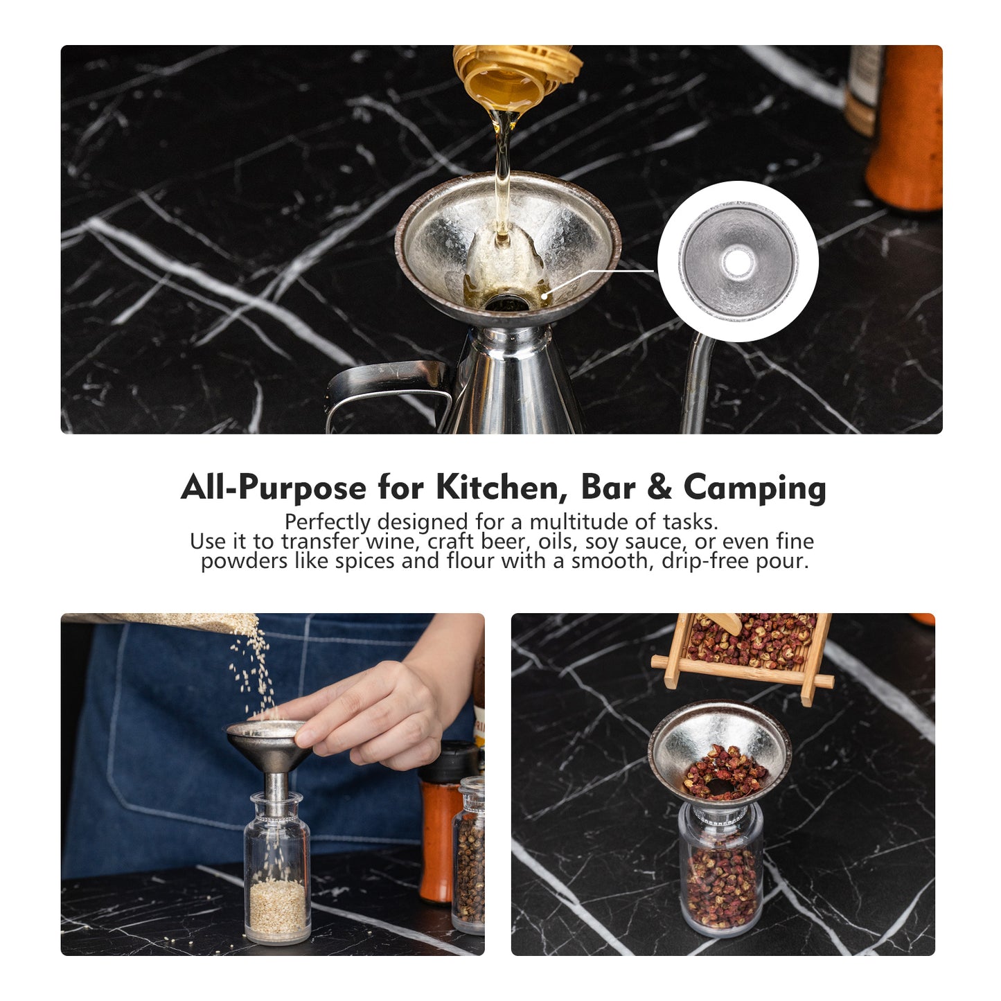Boundless Voyage Titanium Funnel for Kitchen，Bar, Camping Lightweight Portable Durable No-Spill Metal Refilling Tool for Liquids, Oil, Wine, Soy Sauce & Spices, Corrosion-Resistant & Dishwasher Safe Ti3281D