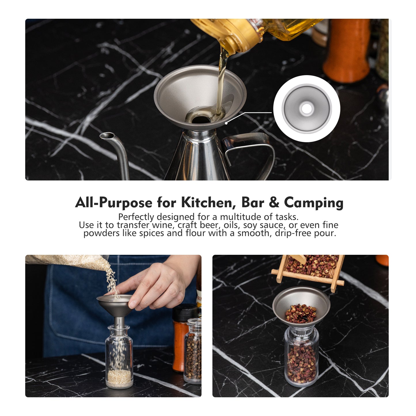 Boundless Voyage Titanium Funnel for Kitchen，Bar, Camping Lightweight Portable Durable No-Spill Metal Refilling Tool for Liquids, Oil, Wine, Soy Sauce & Spices, Corrosion-Resistant & Dishwasher Safe Ti3281D