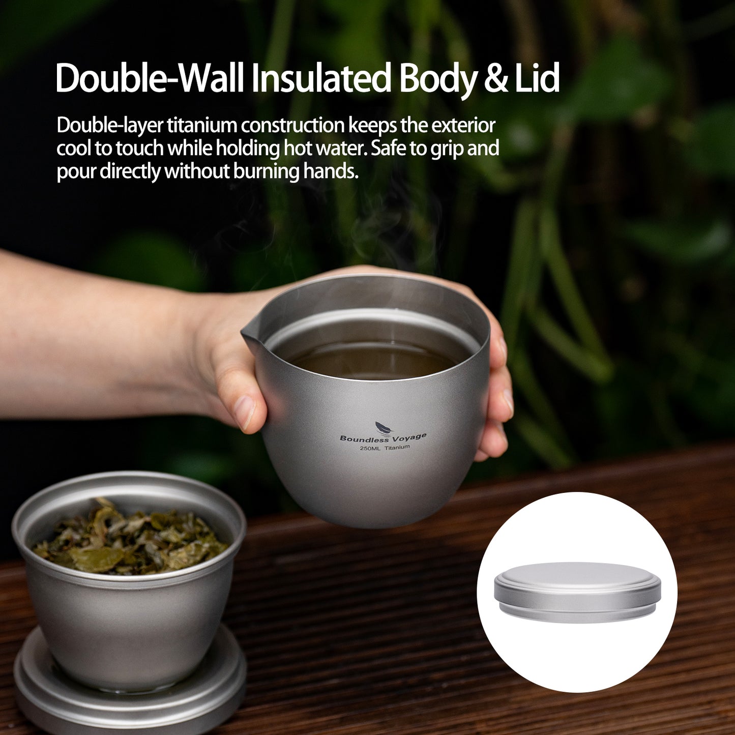 Boundless Voyage Titanium Teapot 250ml, All-in-One Quick Tea Cup for Loose Leaf, Ultralight 158g Portable Double Walled Insulated Travel Tea Maker for Home Office Camping, Anti-Scald, Non-coating Ti3134D