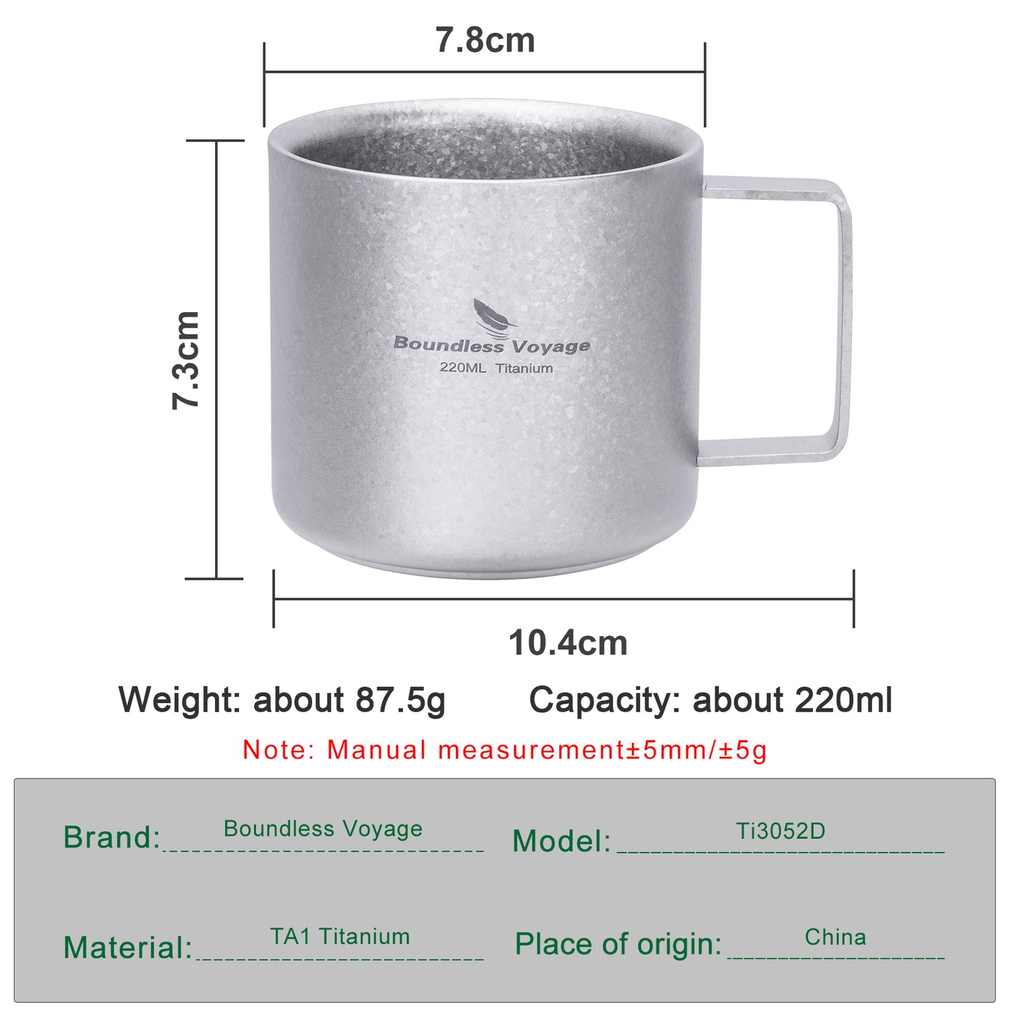 Boundless Voyage 220ml Double Wall Titanium Coffee Cup, Lightweight Portable Insulated Mug, Outdoor Camping Travel Tableware Ti3052D