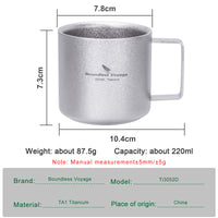 Boundless Voyage 220ml Double Wall Titanium Coffee Cup, Lightweight Portable Insulated Mug, Outdoor Camping Travel Tableware Ti3052D