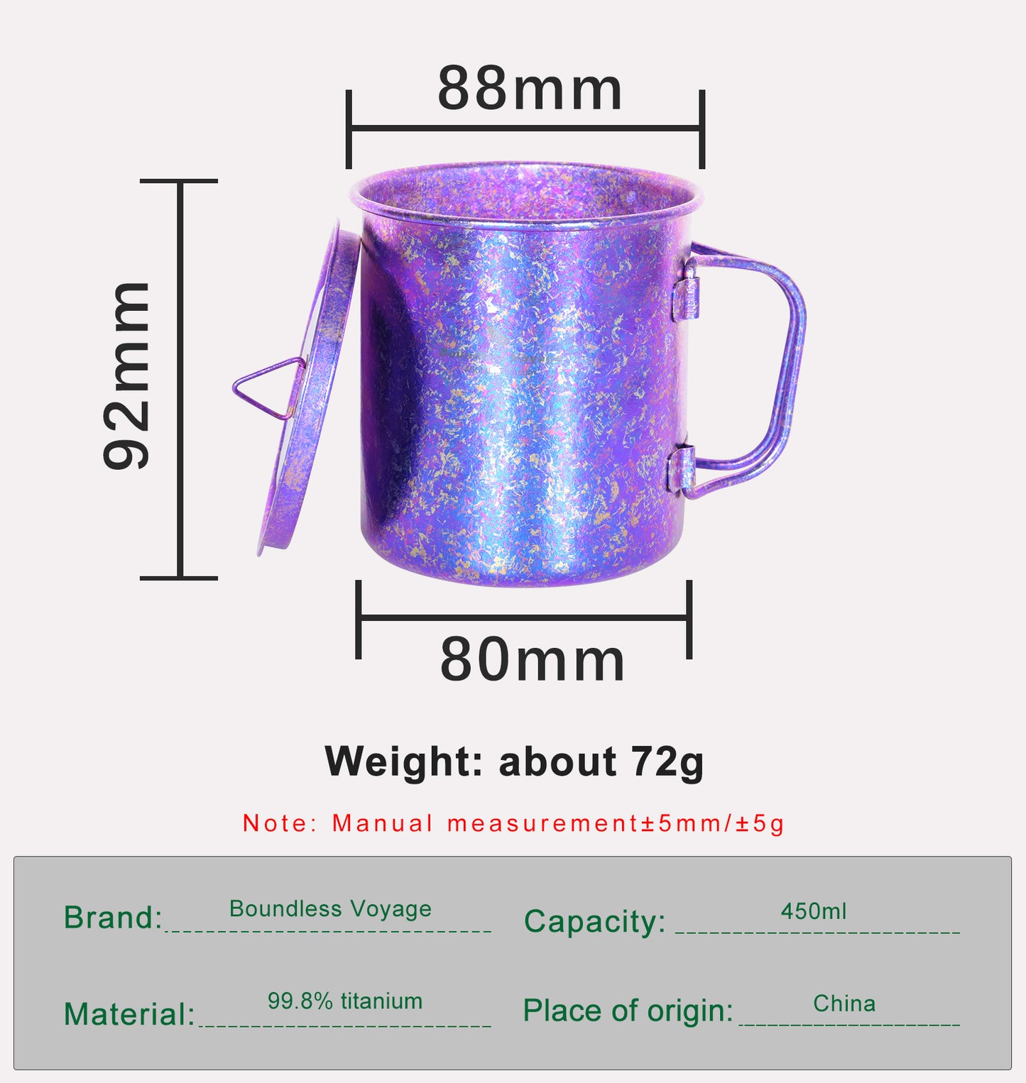 Boundless Voyage 450ml / 15oz Ultralight Titanium Camping Cup with Lid, Portable Drinking Mug for Hiking, Garden & Outdoor Travel Ti3055D
