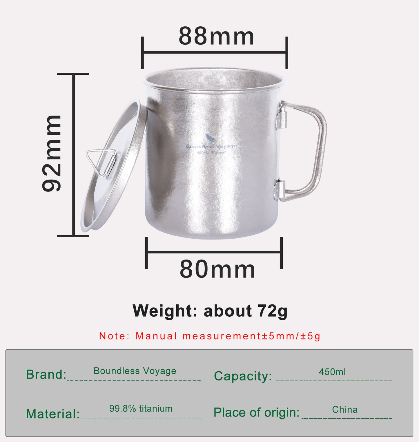 Boundless Voyage 450ml / 15oz Ultralight Titanium Camping Cup with Lid, Portable Drinking Mug for Hiking, Garden & Outdoor Travel Ti3055D