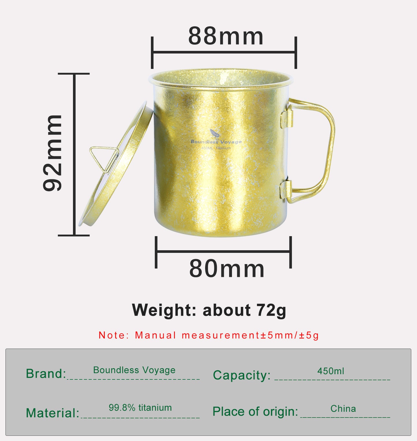 Boundless Voyage 450ml / 15oz Ultralight Titanium Camping Cup with Lid, Portable Drinking Mug for Hiking, Garden & Outdoor Travel Ti3055D