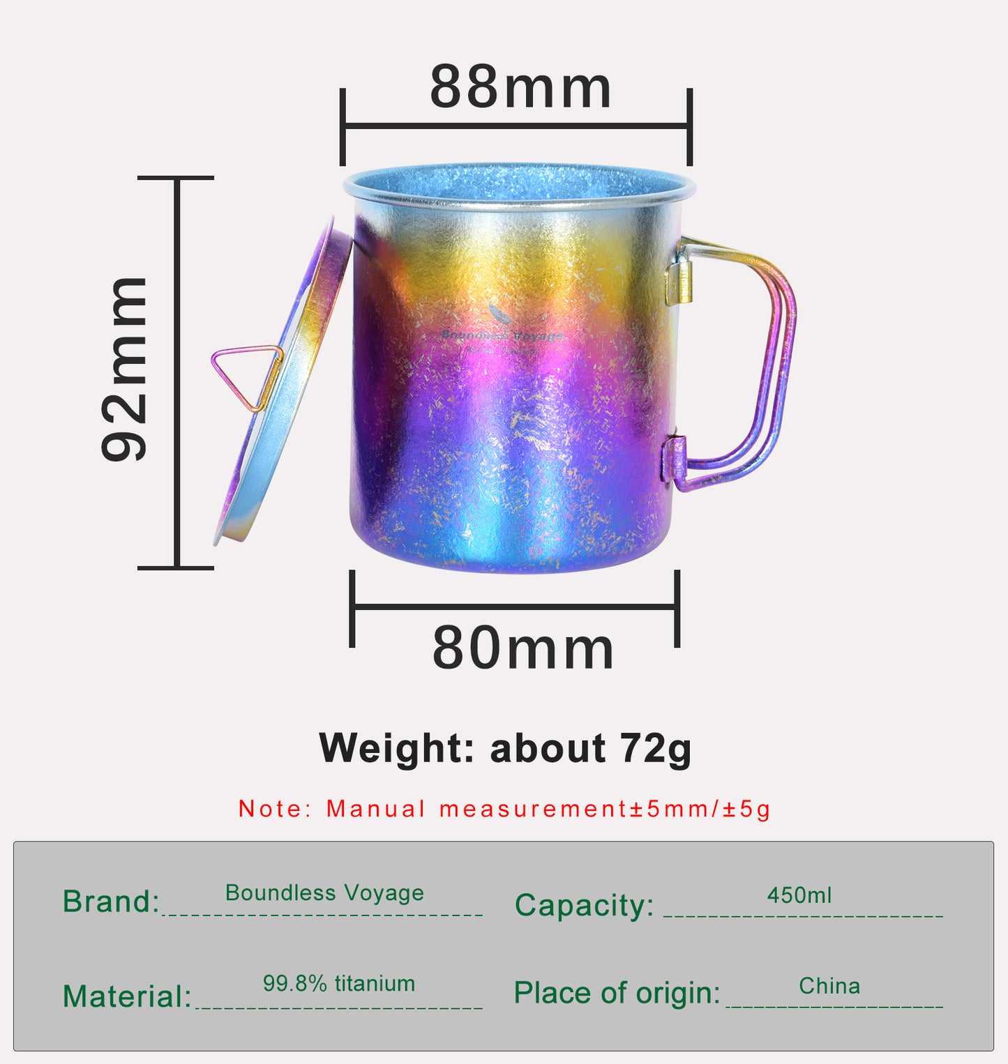 Boundless Voyage 450ml / 15oz Ultralight Titanium Camping Cup with Lid, Portable Drinking Mug for Hiking, Garden & Outdoor Travel Ti3055D