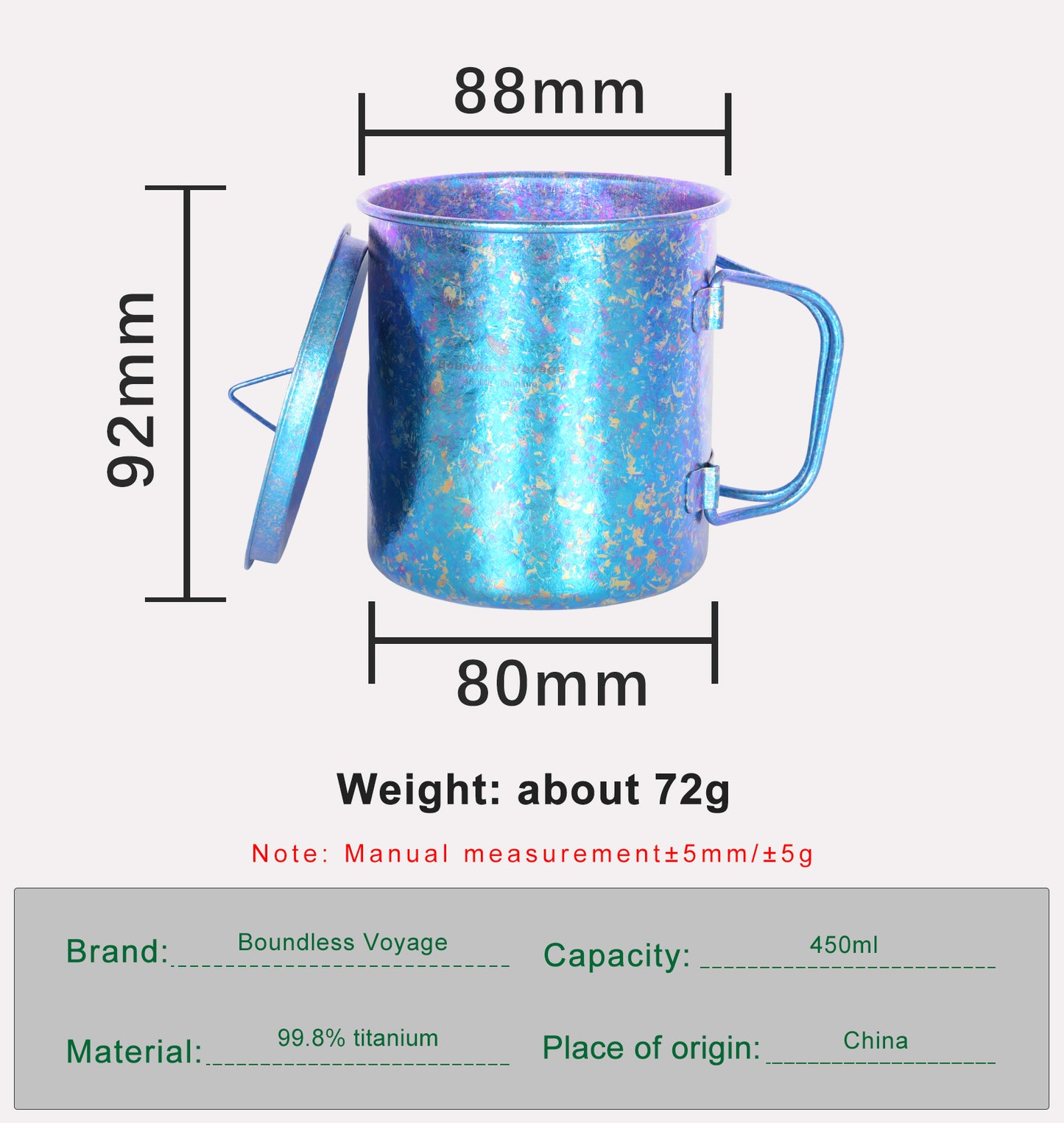 Boundless Voyage 450ml / 15oz Ultralight Titanium Camping Cup with Lid, Portable Drinking Mug for Hiking, Garden & Outdoor Travel Ti3055D